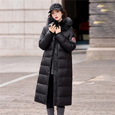 加厚超长过膝狐狸毛领连帽宽松亮面免洗保暖排骨羽绒服女，女装羽绒服，依多米