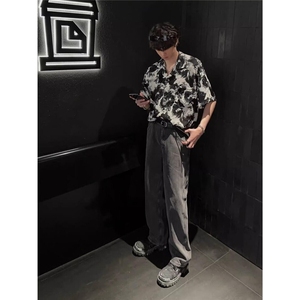 水墨复古衬衫男夏装港风学生宽松趣味男装上衣外穿CSS384 P40图片
