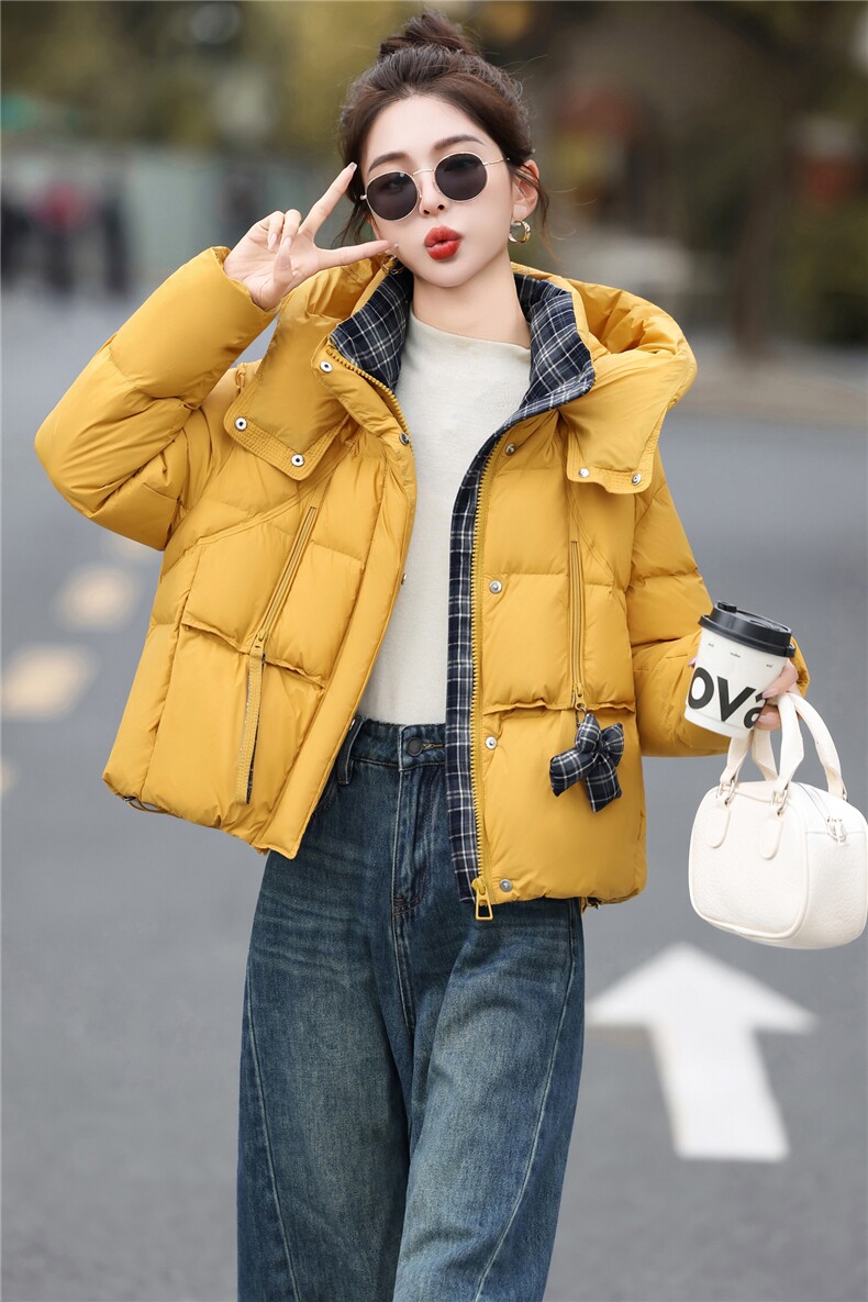 2025冬新款短款防风连帽面包服羽绒服白鸭绒廓形显瘦保暖潮流气质,女装羽绒服,意芙