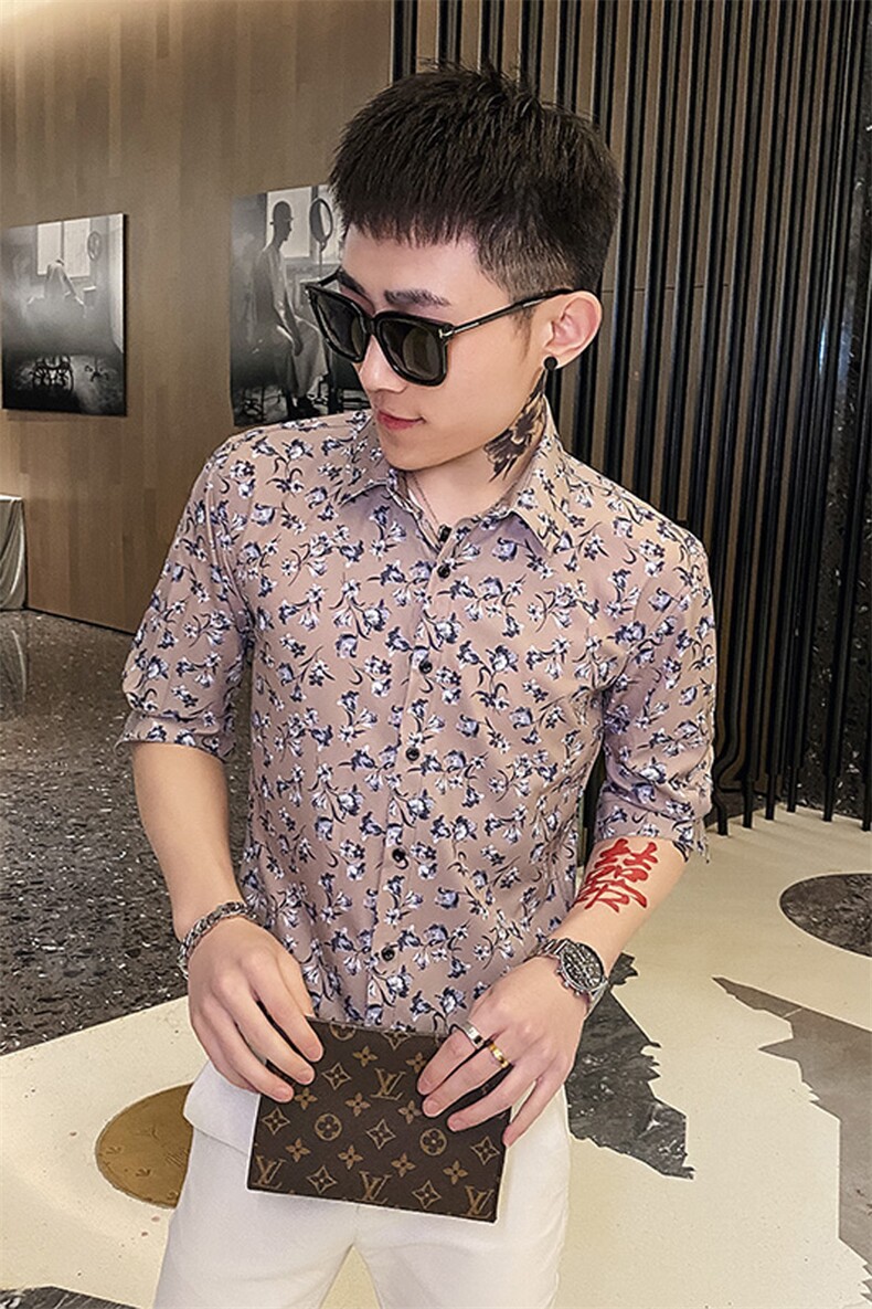 312A-115-P55新款社会小伙中袖衬衫韩版潮流男士五分袖衬衣B,男装T恤,星座312A-5