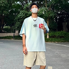抖音得物品质二开240克宽松纯棉美式潮牌印花三条杠中性风短袖T恤，男装T恤，电商A486-1