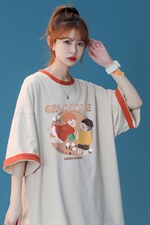 中性春夏新款宽松复古卡通印花撞色圆领短袖T恤女T6260P35控48，男装T恤，电商A268
