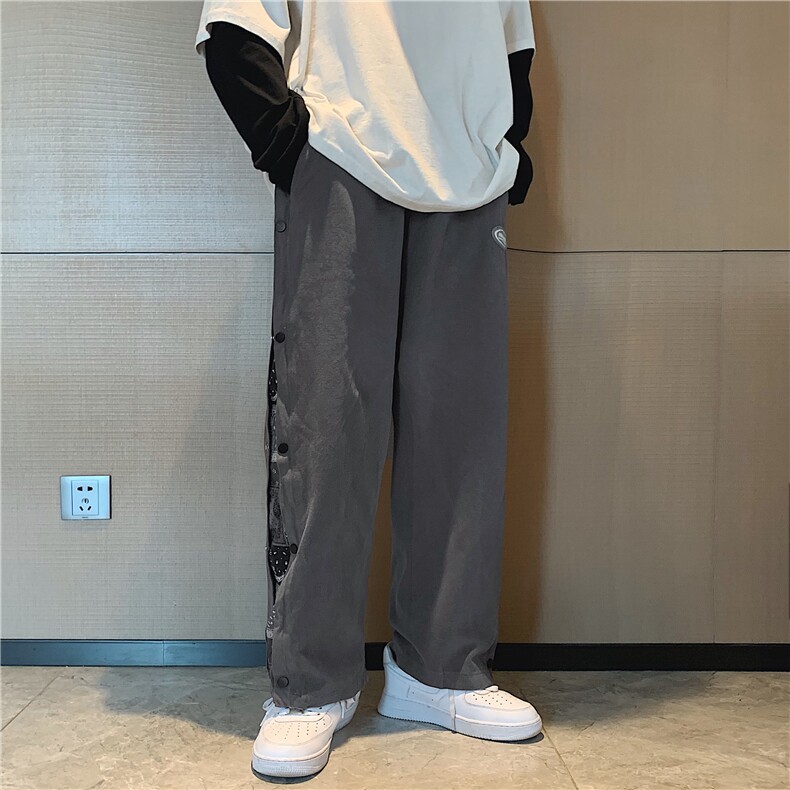 高街排扣休闲裤男宽松直筒ins潮流抽绳腰果花运动裤韩版K84-P35图片