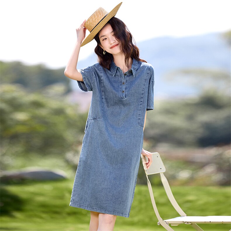 夏装休闲宽松中长款短袖连衣裙，女装连衣裙，文熹诺