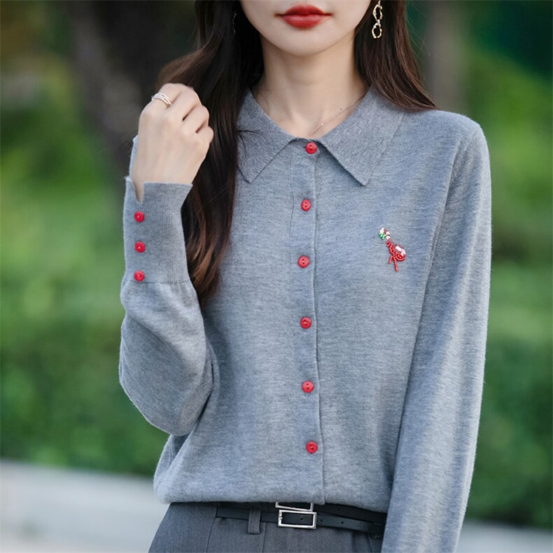 POLO领针织开衫女2025春季新款钉珠刺绣显瘦衬衣领高级感软糯毛衣,针织衫/毛衣,佳绒包芯纱店