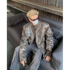 外套男小立领机车服2024春秋皮衣潮流美式复古痞帅皮夹克9329P95，男装皮衣，星座410-2