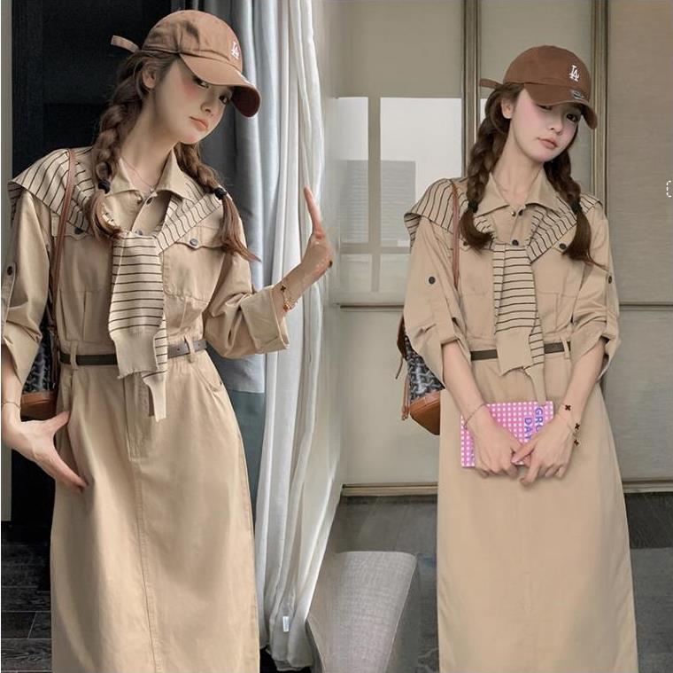 《新款新品》长袖收腰显瘦条纹披肩配腰带衬衣领休闲连衣裙，女装连衣裙，唛多