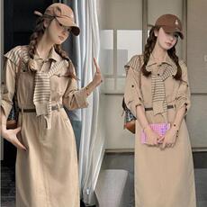 《新款新品》长袖收腰显瘦条纹披肩配腰带衬衣领休闲连衣裙，女装连衣裙，唛多