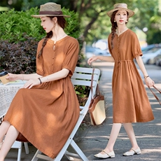 文艺风简约休闲纯色棉麻连衣裙女2025夏新款气质抽绳收腰显瘦裙子，女装连衣裙，依万里