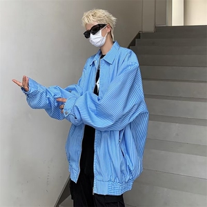 美式外套男生短款潮牌春秋季条纹拉链衬衫痞帅夹克高级设计感图片