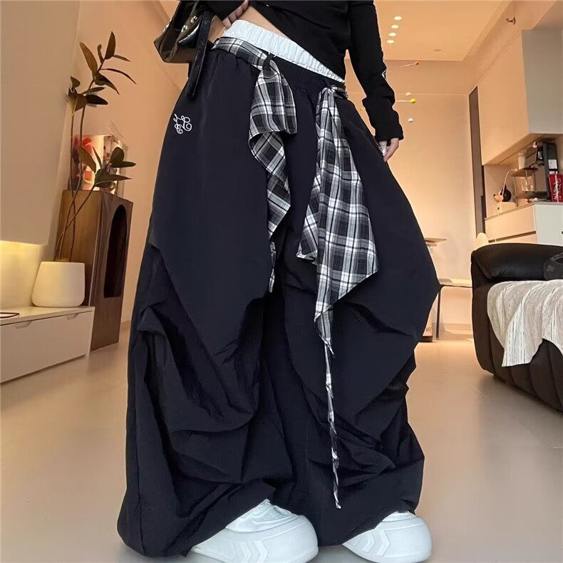 大码美式街头黑色拼接格子裙摆运动裤女装秋冬季宽松假两件休闲裤，女装休闲裤，星座1210-1