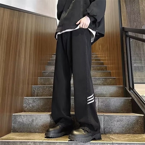牛仔裤男士秋冬条纹高街vibe宽松直筒裤子潮牌高级感阔腿休闲长裤图片