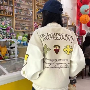 式PU拼接棒球服外套女2025春秋新款宽松设计感刺绣百搭夹克上衣图片