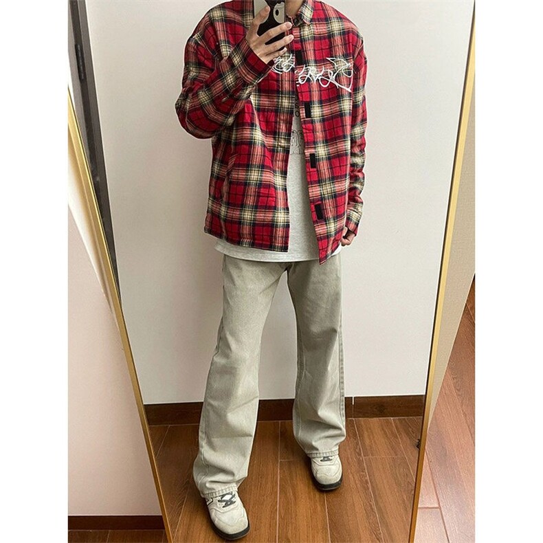 cleanfit红色格子衬衫男款美式复古刺绣长袖衬衣外套CS18-P45,男装衬衫,星座1007（原301D）
