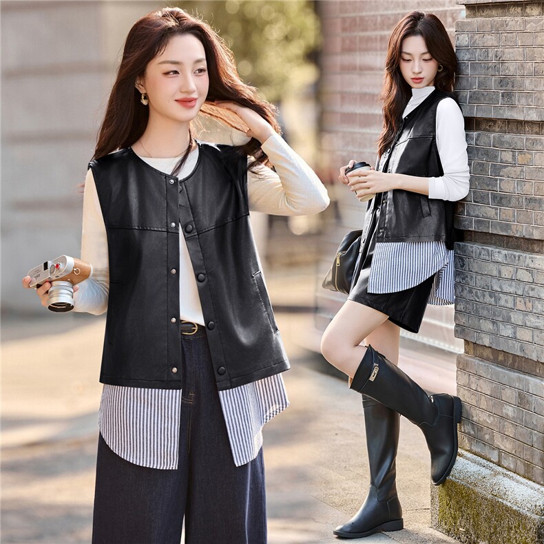 现货新款秋新款韩版时尚宽松休闲女今年流行拼接百搭PU炸街马甲，女装马甲，韩美纤衣