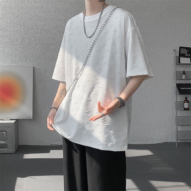 T10123-特批30控68小众提花肌理感高质量大码男百搭圆领短袖T恤,男装T恤,电商A059