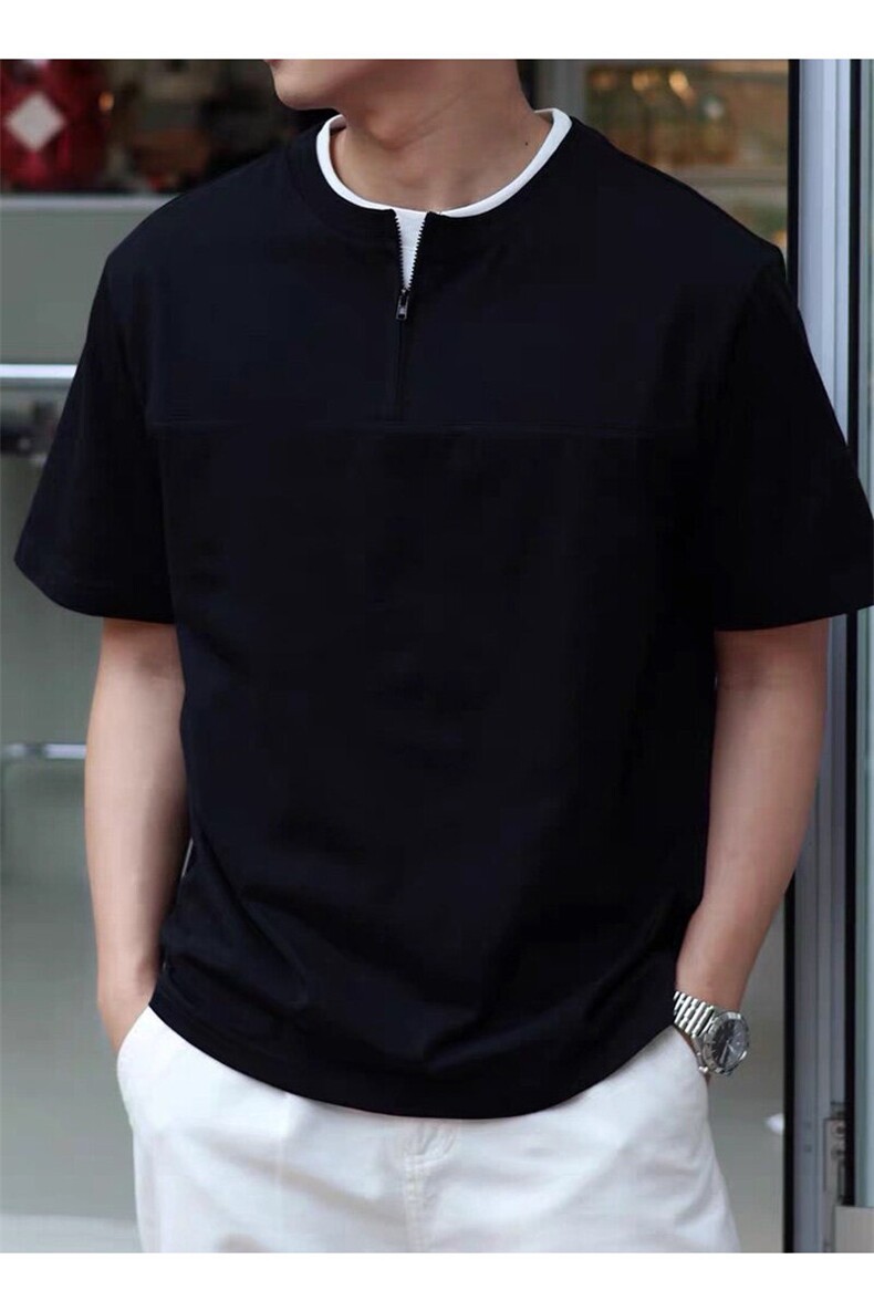 直播假两件半拉链设计短袖T恤宽松简约上衣87010/P58,男装T恤,电商A243