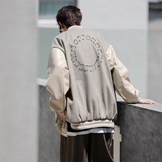 日系街头PU皮拼接棒球服男2022潮牌复古宽松情侣休闲百搭外套，男装夹克，星座716-4