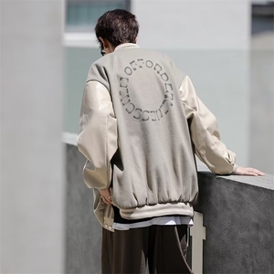 日系街头PU皮拼接棒球服男2022潮牌复古宽松情侣休闲百搭外套图片