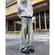 不规则设计感直筒牛仔裤男士痞帅炸街时尚阔腿水洗老爹裤子，男装牛仔裤，星座410-7