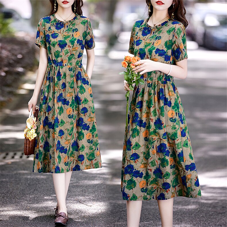 复古棉麻连衣裙女夏季2025新款收腰显瘦中年妈妈洋气减龄碎花长裙,女装连衣裙,倪叶myz