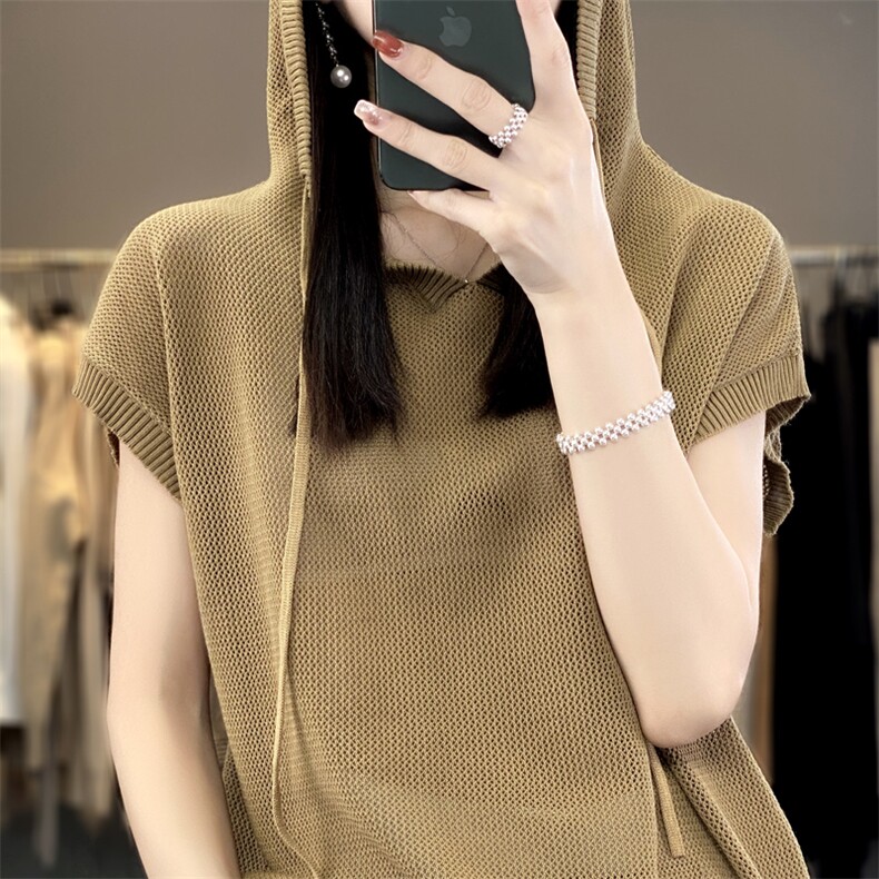 夏季新款精细羊毛连帽T恤女宽松镂空抽绳短袖百搭针织半袖打底衫,女装T恤,忠诺羊绒