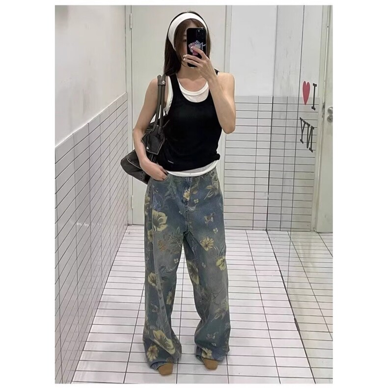 印花阔腿牛仔裤男女薄款夏季年新款小众设计直筒拖地裤AM7719P51,男装牛仔裤,星座1013-5