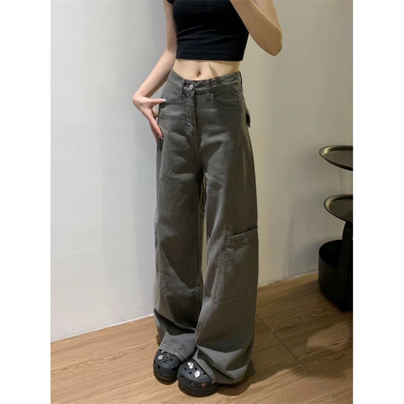 灰色工装牛仔裤男女款宽松显瘦阔腿裤垂感高级感cleanfitW93 P43图片