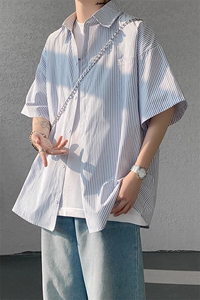8XL-M 条纹短袖衬衫男夏季宽松慵懒风痞帅大码衬衣外套DC28001P40图片