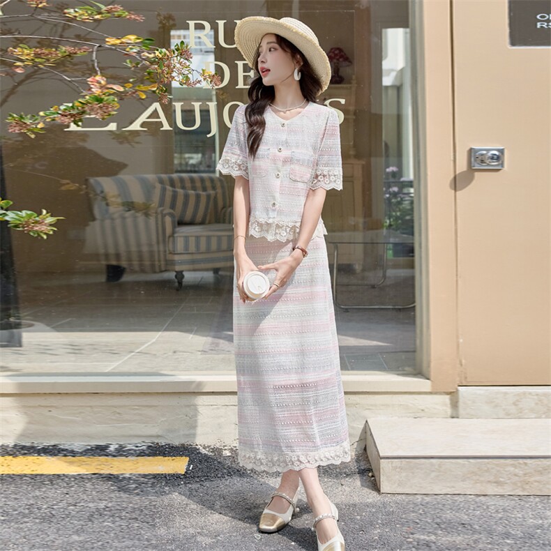 2025新款夏季法式超好看蕾丝拼接短袖上衣长裙套装女,女装套装/套裙,丽美静依