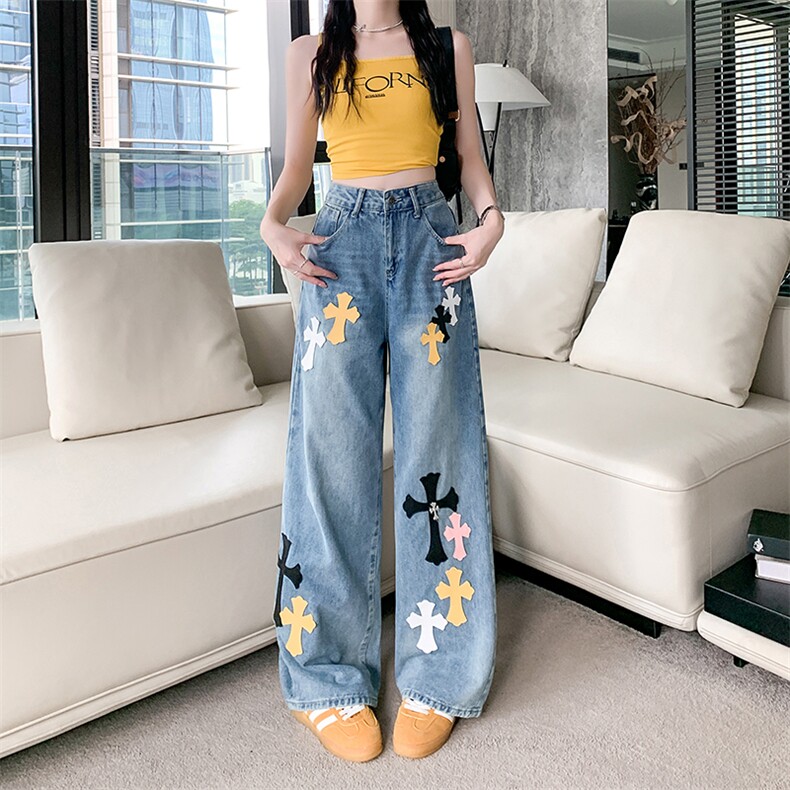 AK2324-P60美式辣妹彩绘十字架拼接牛仔女街头设计感牛仔长裤，女装休闲裤，星座617A-2