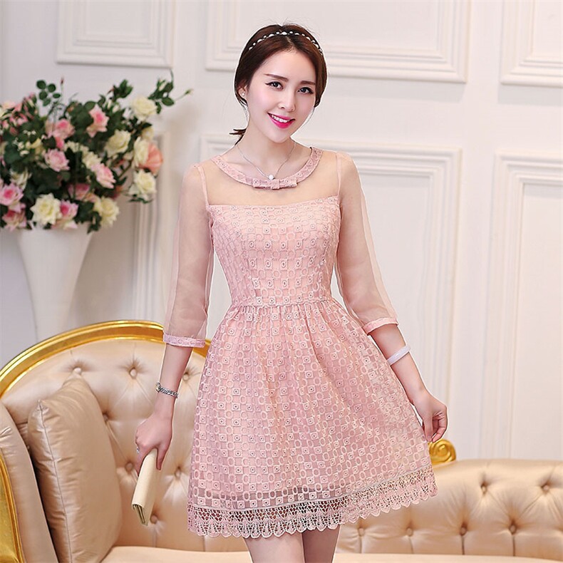 优雅蕾丝拼接透视袖连衣裙甜美粉色显瘦A字裙气质淑女风，女装连衣裙，贵人树