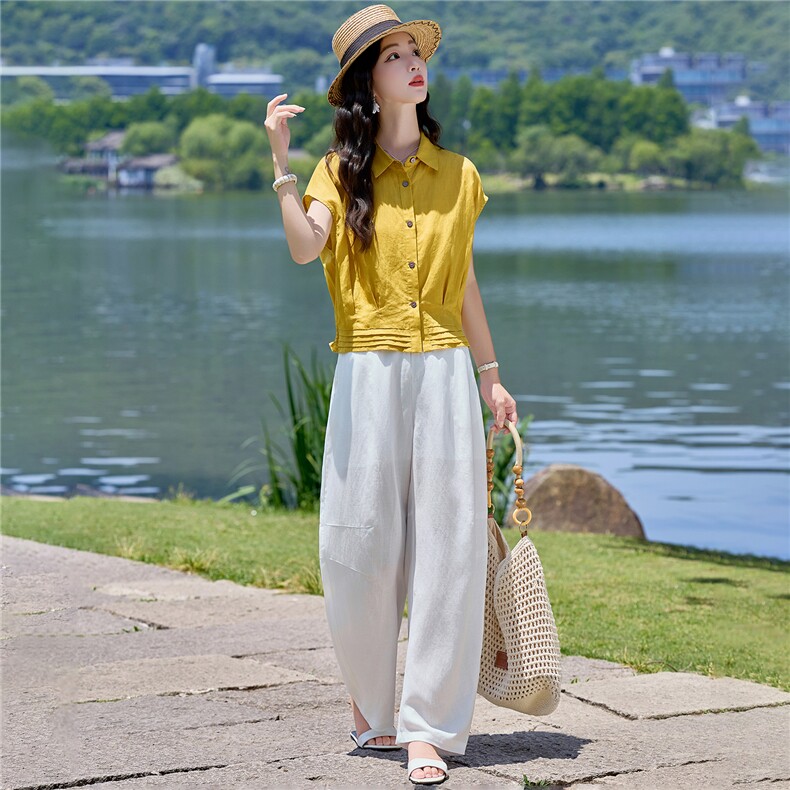 设计感天丝亚麻套装女2026夏季新款翻领收腰气质上衣透气直筒裤,女装套装/套裙,梦懿尔