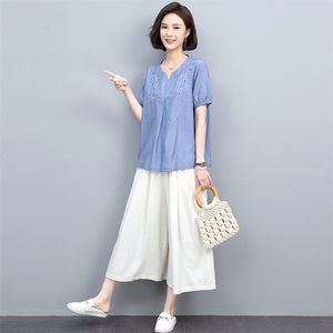 亚麻阔腿裤绣花套装女2022年新款夏季薄款中年妈妈两件套图片