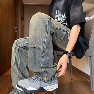 简约百搭青春流行牛仔裤新款宽松直筒慵懒潮夏季长裤男气质潮流图片