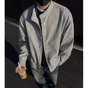 1506/QC660/P40黑白竖条纹衬衫男高级亨利领衬衣宽松痞帅长袖外套图片