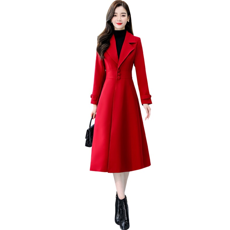 红色中长款双面羊绒大衣女秋冬显瘦本命年洋气西装领风衣毛呢外套,女装毛呢外套,凝聚力