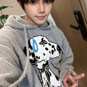 美式复古连帽套头毛衣男款冬季松弛慵懒情侣装斑点狗针织衫女