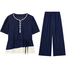 2025年夏季套头圆领短袖刺绣上衣阔腿裤藏青色套装，女装套装/套裙，微微衣阁