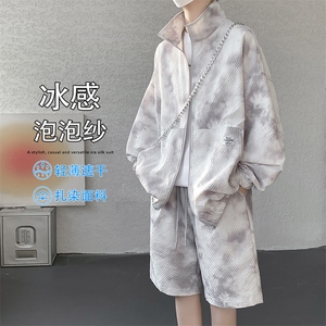 特批P65无差价扎染泡泡纱宽松复古长袖外套短裤两件套男TZ5595图片