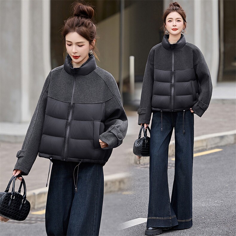 2025年冬季时尚立领拼接毛呢短款面包羽绒服女冬季保暖外套,女装羽绒服,自然秀