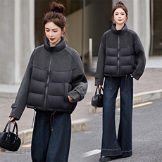 2025年冬季时尚立领拼接毛呢短款面包羽绒服女冬季保暖外套，女装羽绒服，自然秀