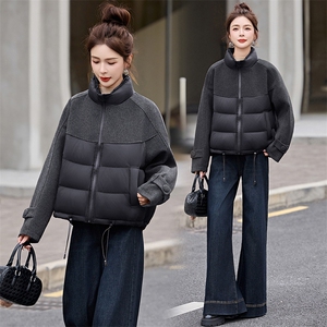 2025年冬季时尚立领拼接毛呢短款面包羽绒服女冬季保暖外套图片