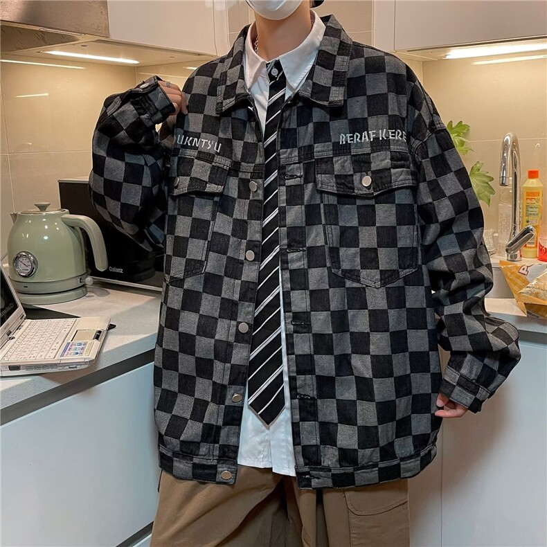 长袖新款刺绣款棋盘格外穿夹克单排扣秋季翻领青春流行J3710P58,男装夹克,星座1116-2
