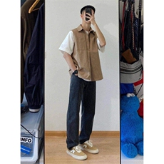 日系复古假两件工装短袖衬衫男女休闲宽松衬衣外套潮LB644-p36，男装T恤，星座1008