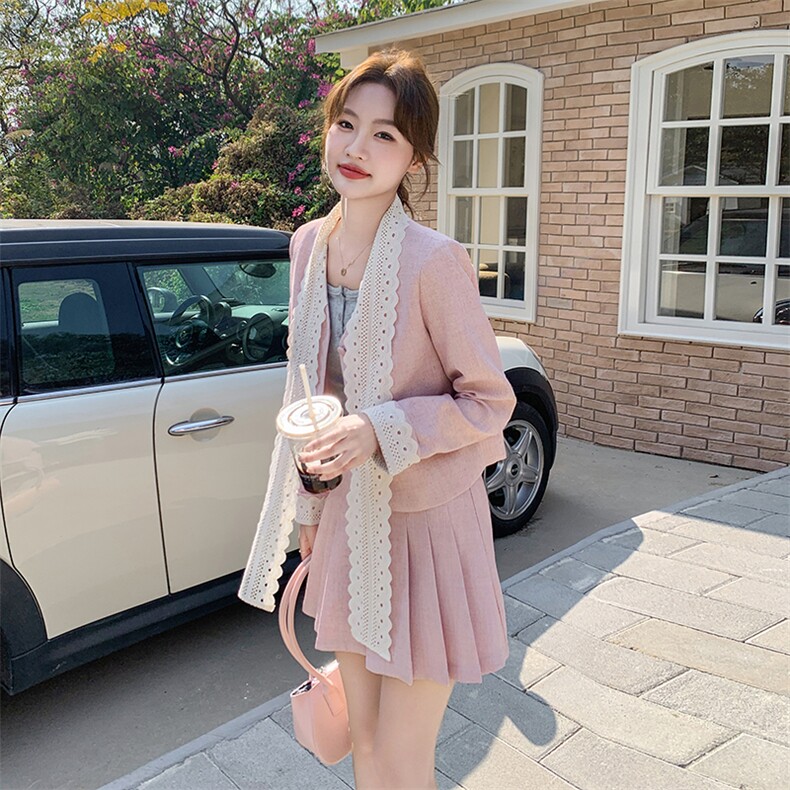 温柔粉色甜美小香风套装裙女2025早春新款毛呢短外套百褶裙两件套,女装套装/套裙,2D045