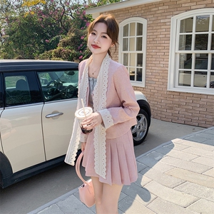 温柔粉色甜美小香风套装裙女2025早春新款毛呢短外套百褶裙两件套图片