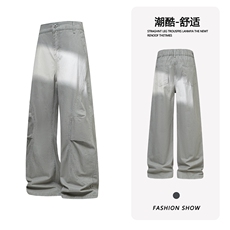B221美式ins高街斜切宽松休闲洗褪弯刀牛仔裤LK26619-特P50控88，男装牛仔裤，电商B221