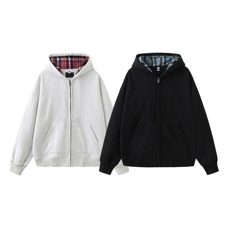 抖音得物二开25秋冬美式重磅假两件格子连帽卫衣开衫外套W17，男装卫衣，电商A486