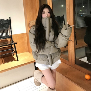 现货三防重磅硬挺boxy短款羽绒棉衣座山雕大毛毛领PU皮棉服外套冬图片